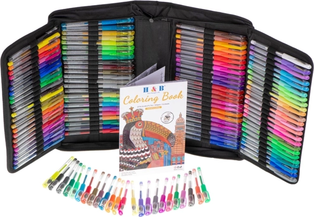 Farvede gelpenne i etui, 120 stk + 120 ekstra patroner