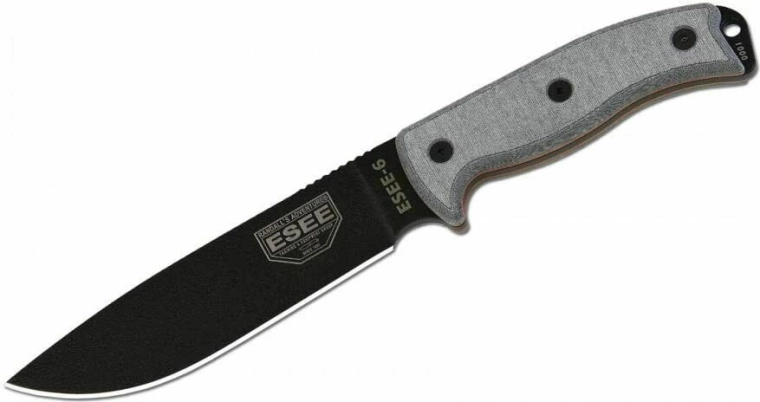 Universalkniv ESEE 6P med glat klinge, sort/grå, Micarta, skede