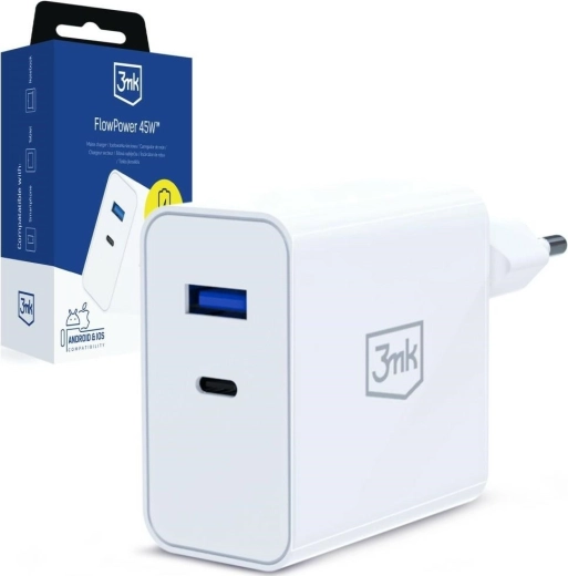 3MK FlowPower netoplader 45 W PD 3.0 QC4+ USB-A/USB-C hvid