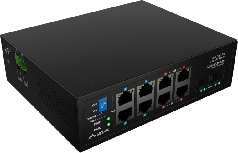 Lanberg ILGE-8P-2S-120 industriel PoE++ gigabit-switch til DIN-skinne