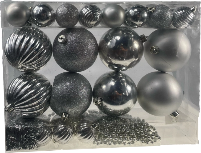 Sæt med juletræspynt, 32 stk., sølvfarvet