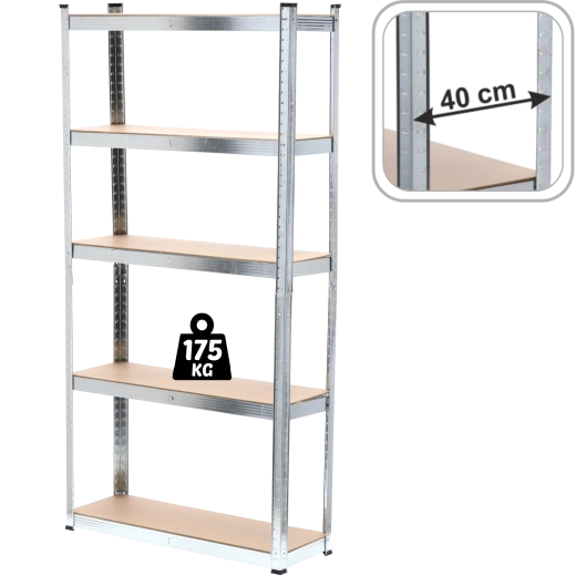 Fem-etagers metalreol 220 × 90 × 40 cm, bæreevne pr. hylde 175 kg
