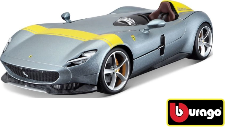 Bburago Ferrari Monza SP1 RACE+PLAY sølvfarvet bilmodel i skala 1:18