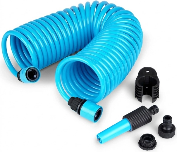 Spiralformet havevandslange 10 m med sprøjtepistol og vægophæng