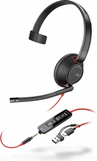 Ensidet headset POLY Blackwire 5210 USB‑C med 3,5 mm jack og USB‑C/USB‑A‑adapter