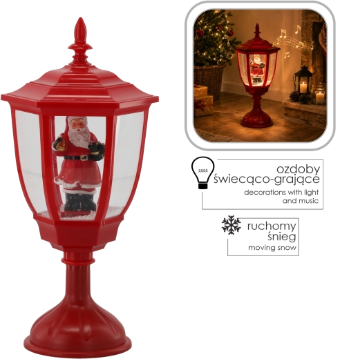 Jule-LED-lanterne med Sankt Nikolaus og spilledåse, 55 cm, rød