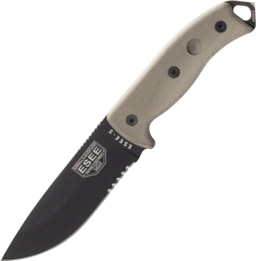 ESEE 5 savtakket klinge, sort klinge, micarta-håndtag, Kydex-skede