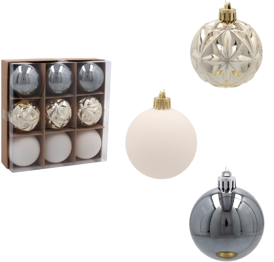 Sæt med julekugler 6 cm i nuancer af champagne, grå og hvid – 9 stk.