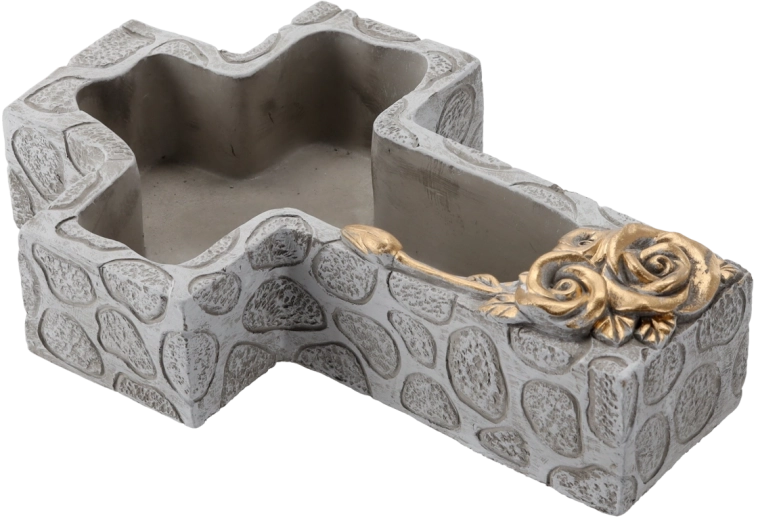 Cement kirkegårdsskål i korsform, grå med gyldne detaljer 28 × 18 × 7,5 cm