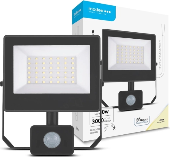 LED-projektør med sensor 30 W, neutral hvid 4000 K, 3000 lm – Modee A3-serien
