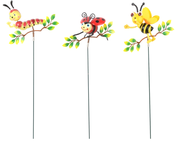 Havedekoration på pind – larve, mariehøne eller bi på gren