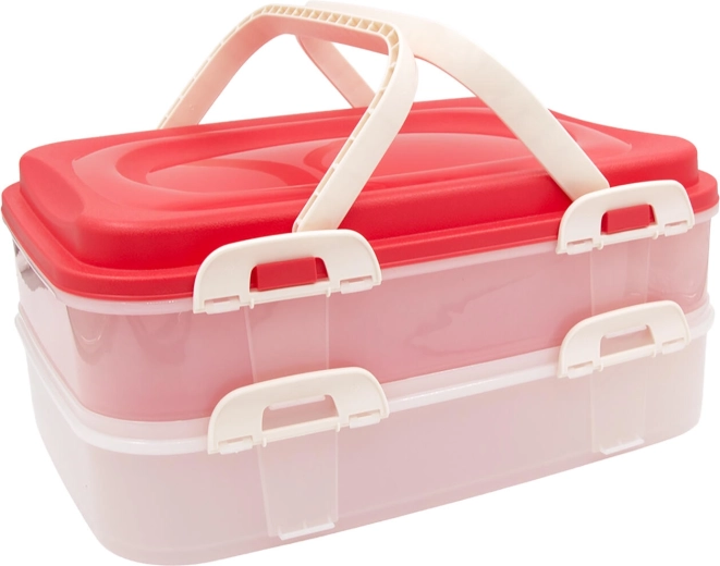 Madkasse med låse og håndtag, 2-etagers, 40 × 30 × 18 cm, rosa