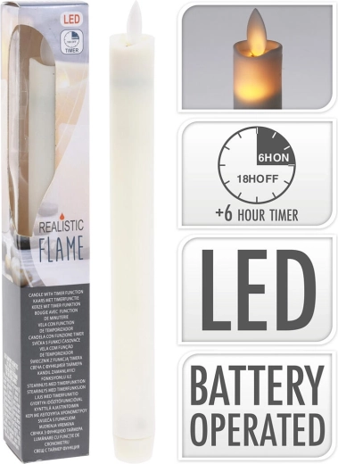 LED-stearinlys 23 cm med flimrende flamme og timer, elfenben
