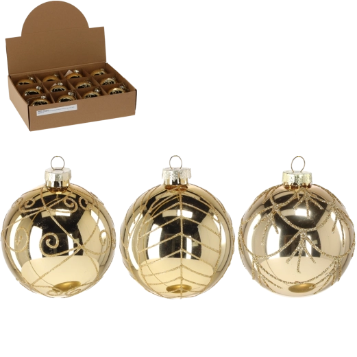 Glaskugle til jul 8 cm med gylden brokade