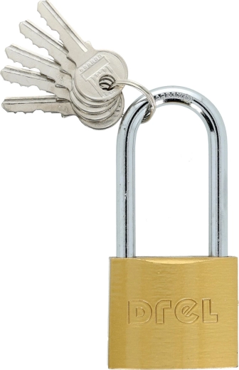 Hængelås 50 mm med forlænget bøjle, messing, 5 nøgler