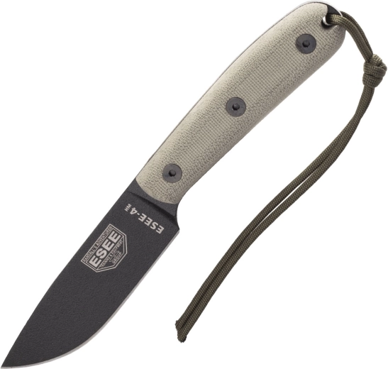 ESEE 4HM overlevelseskniv med 11 cm klinge, sort belægning, olivengrøn Micarta, læderhylster