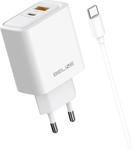 Beline 45 W netoplader med USB-A/USB-C, GaN PD og kabel, hvid