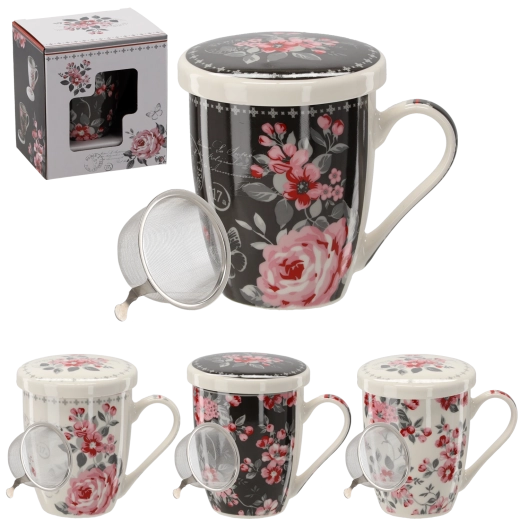 Porcelænskop med låg og si 340 ml – blomsterdesign