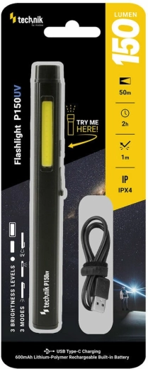 Genopladelig lygte med UV-lys 150 lm TECHNIK