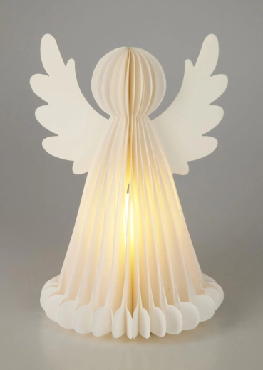Lysende juleengel af papir med timer 28 cm, 6 LED, hvid