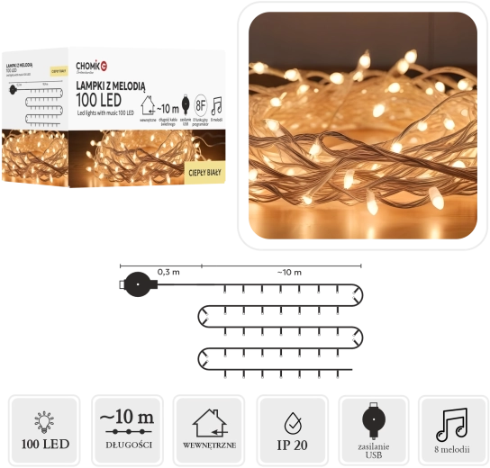 LED lyskæde med melodi USB, varm hvid, 100 dioder, 10 m