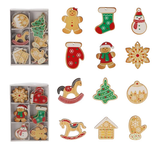 Sæt med 18 træjulepynt i form af honningkager