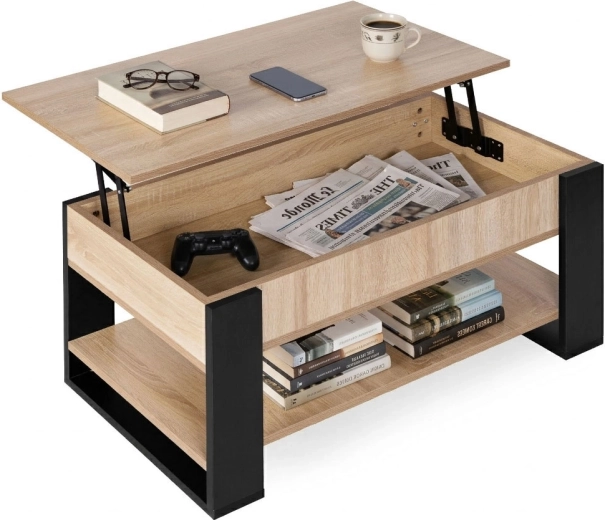 Sofabord med hæv-/vippeplade 90 cm, opbevaringsrum og hylde, eg sonoma, ModernHome