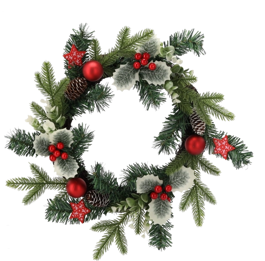 Rød julekrans med kristtorn 40 cm