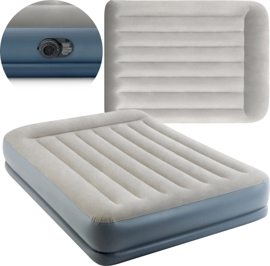 Oppustelig velour-seng INTEX Pillow Rest Mid-Rise, dobbeltseng med elektrisk pumpe 203 × 152 × 30 cm