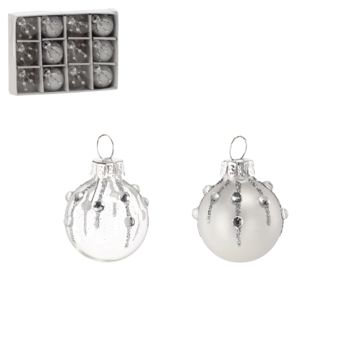 Sæt med glaskugler til jul – sølvfarvede og klare kugler, 12 stk.