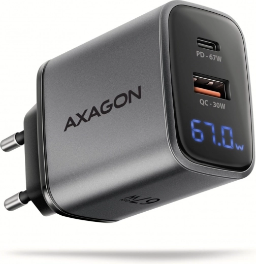 Vægoplader AXAGON GaN 67 W med USB‑C PD og USB‑A QC, LED‑display