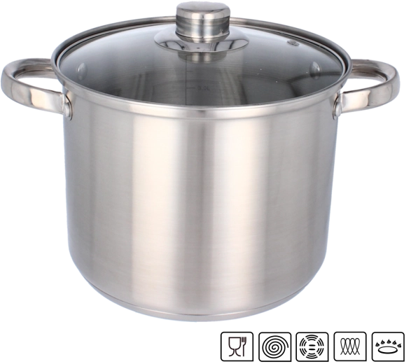 Rustfri stålkasserolle 14 l, diameter 30 cm med glaslåg