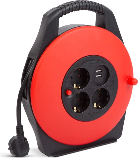 Kabeltromle med plastgreb, 3 stikkontakter og 2 USB-porte, 10 m