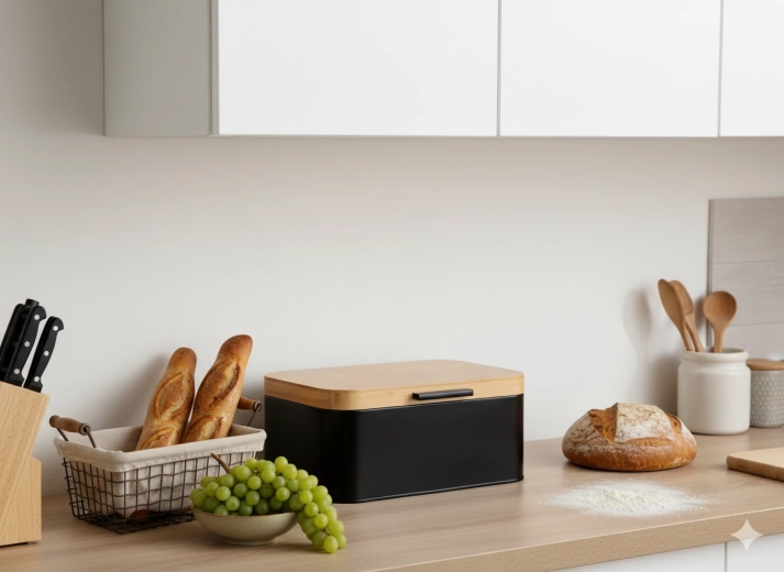 Brødkasse Lauro i metal med bambuslåg, sort