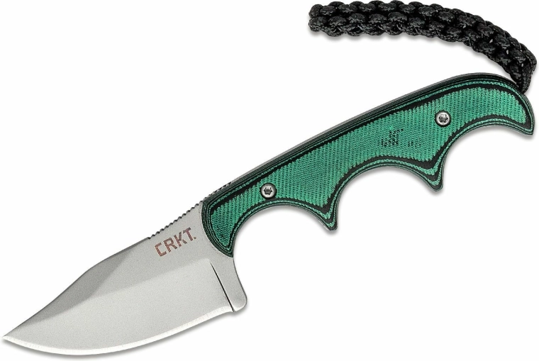 CRKT Minimalist Bowie – lille halskniv 5,3 cm, grøn‑sort, G10, skede
