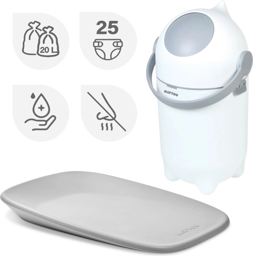 NATTOU blebøtte Dropy og skiftemåtte Softy Hvid/Grå 50 × 70 cm