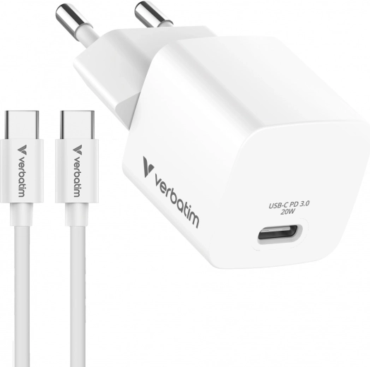 Verbatim mini GaN-oplader 20 W med USB-C-kabel 1 m