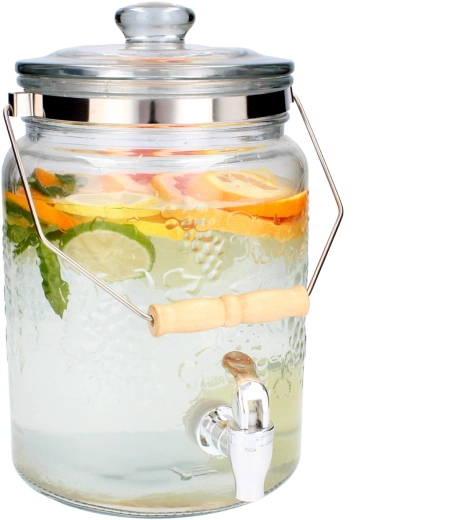 Dekoreret glasbeholder til drikkevarer 5 l med glaslåg og tappehane