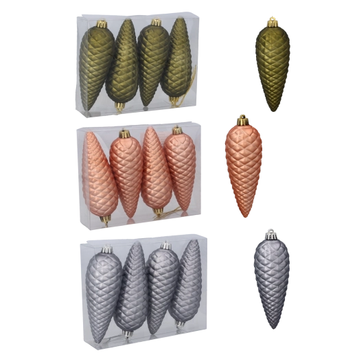 Sæt med julepynt kogler matte 14 cm – olivengrøn, kobber og grafit (4 stk)