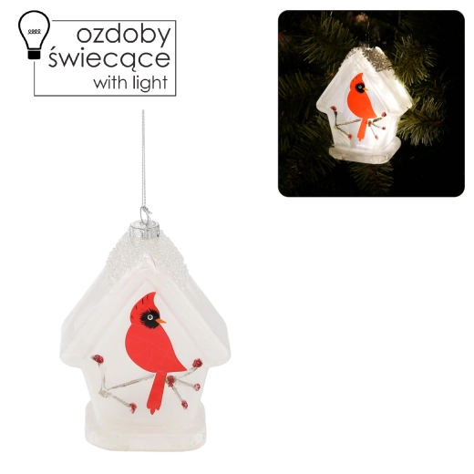 Glasjuledekoration med LED – fugl ved foderbræt