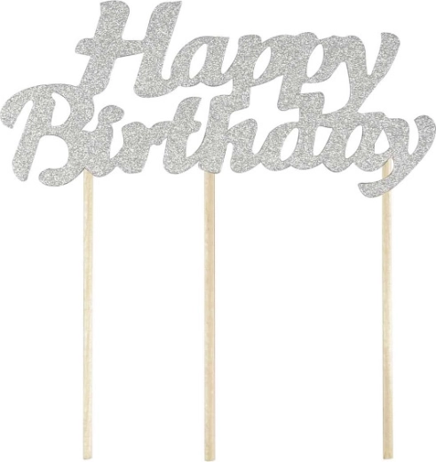 Kagedekoration Happy Birthday sølv