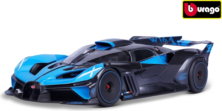 Bilmodel Bugatti Bolide i skala 1:18, metallisk sort og blå