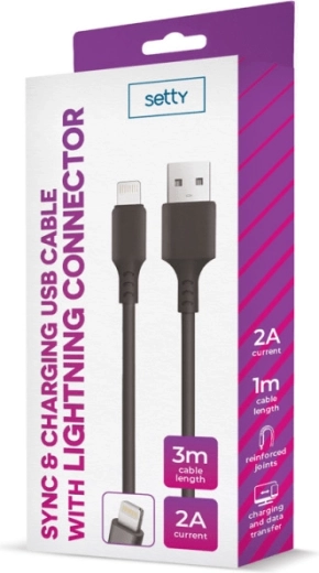 Setty USB–Lightning-kabel 3 m 2 A sort