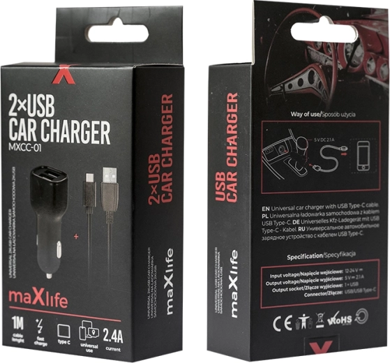 Biloplader MAXLIFE 2× USB + USB‑C 2,4 A, sort