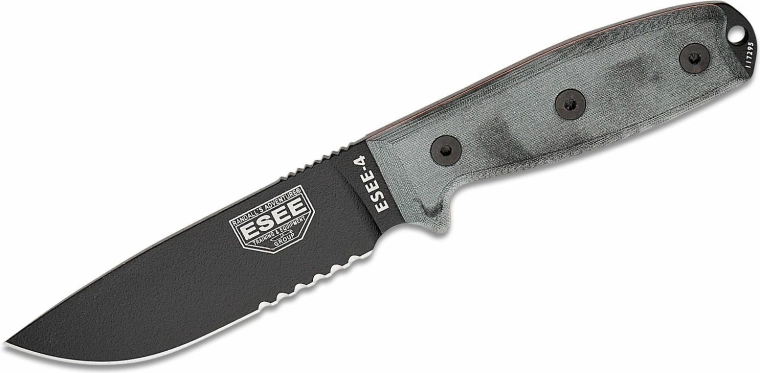 ESEE kniv 4S med delvis savtakket æg, 11,4 cm, sort/grå, Micarta, MOLLE-skede