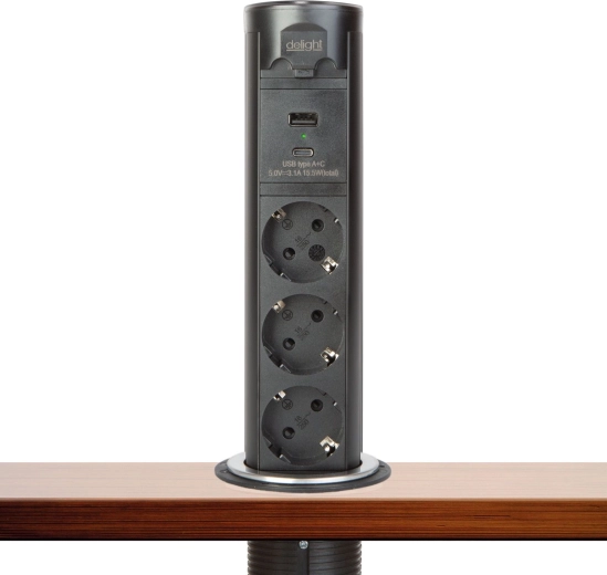 Motoriseret udtrækkelig stikkontaktliste Touchcontrol med 3 stikkontakter, USB-A og USB-C, sort