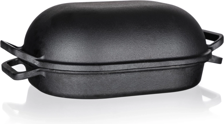 Oval støbejernsbradepande med låg