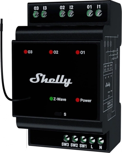 Shelly Wave Pro 3 3-kanals relæ til DIN-skinne