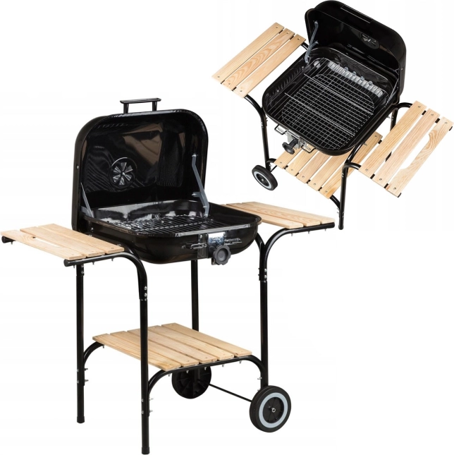 Stor havegrill med justerbar rist og træhylder