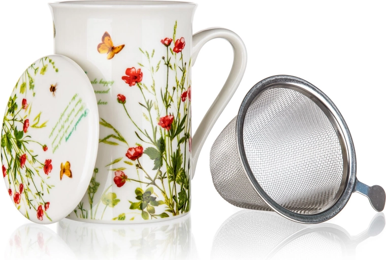 Keramisk krus med låg og si i rustfrit stål 300 ml Meadow Flowers